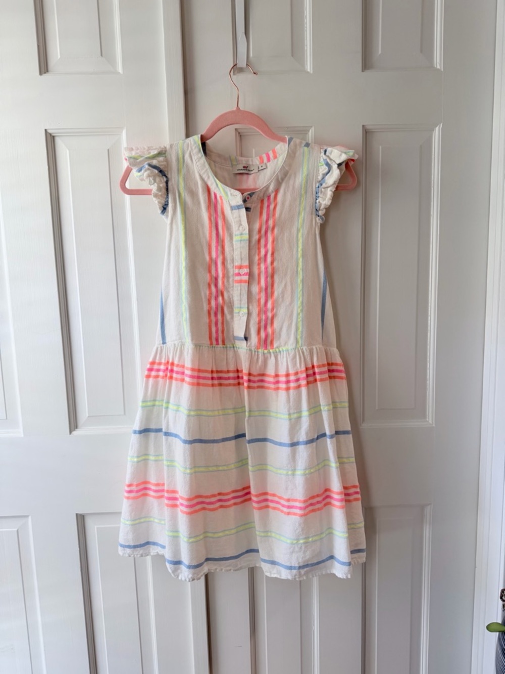 Vineyard Vines Guava Multi Stripe Dress Ruffle Sleeves Fully Lined Neon Size 10